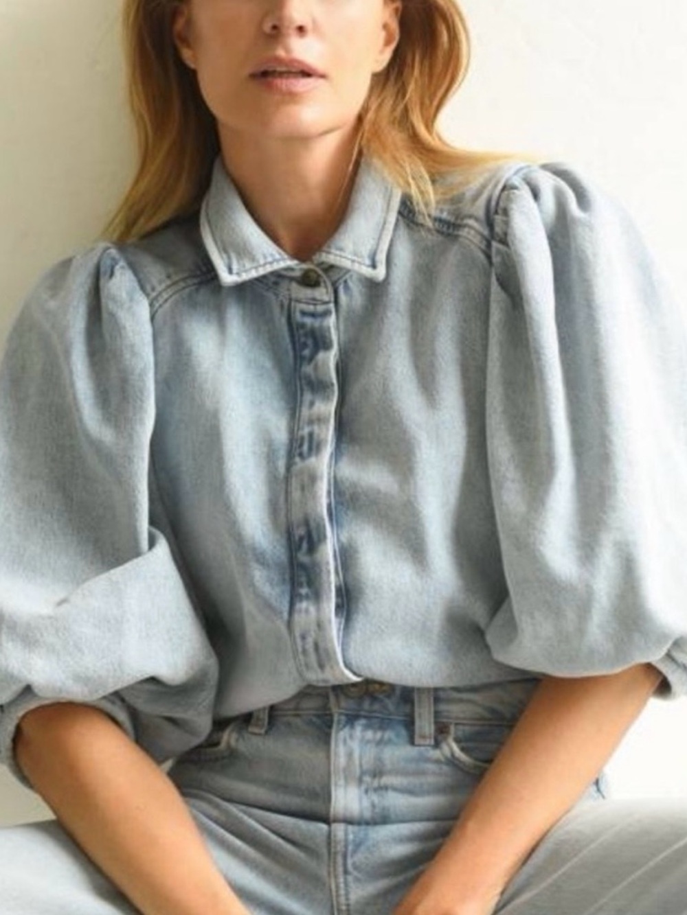 Zara Light Wash Puff-Sleeve Denim Button-Down Shirt